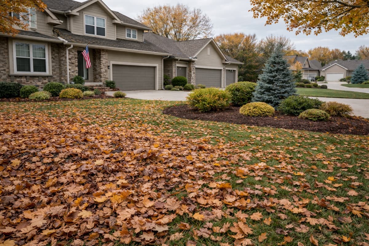 Leaf and debris removal during seasonal yard cleanup in Omaha