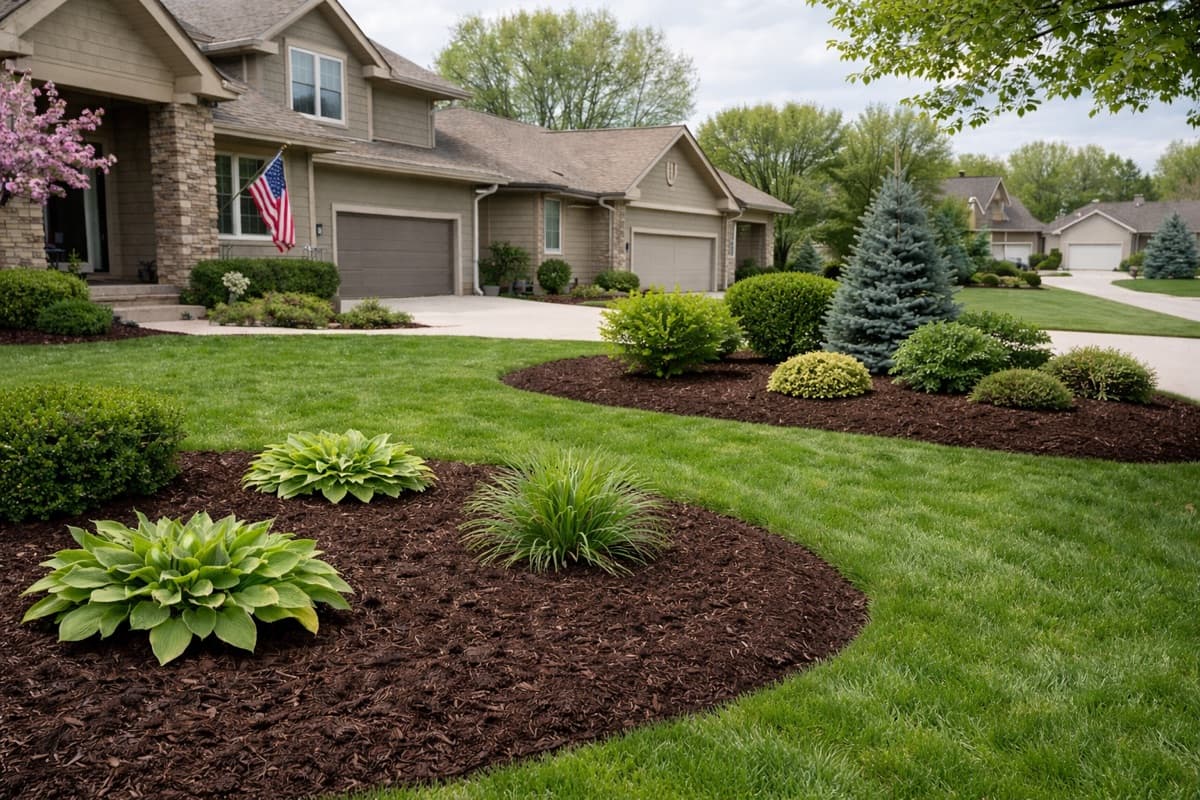 Professional mulch installation with proper depth in Omaha landscape bed